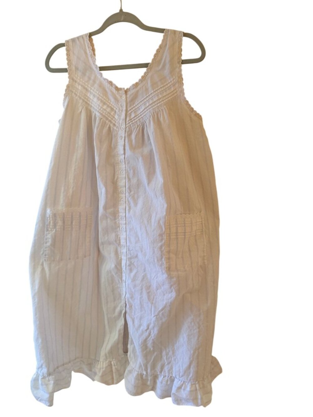 Victorian Womens Nightgown Size M Cotton White Blue Eyelet Trim Pockets Vintage